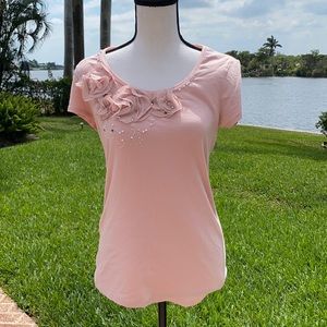 Ann Taylor Pink Beaded Flower Appliqué T-shirt